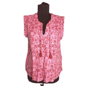 Vineyard Vines Size S Blouse Tunic Linen Tile Otami Tassel Pink Floral Hi Low